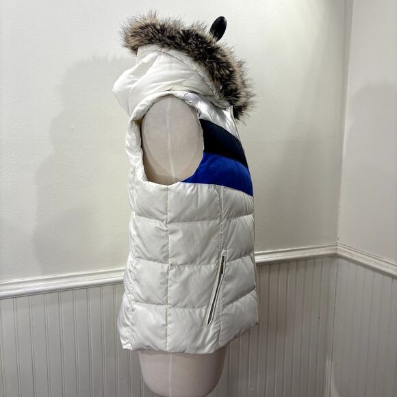 Lands End Size M Puffer Vest Down Feather Fill Removable Hood Faux Fur Trim - Picture 5 of 15